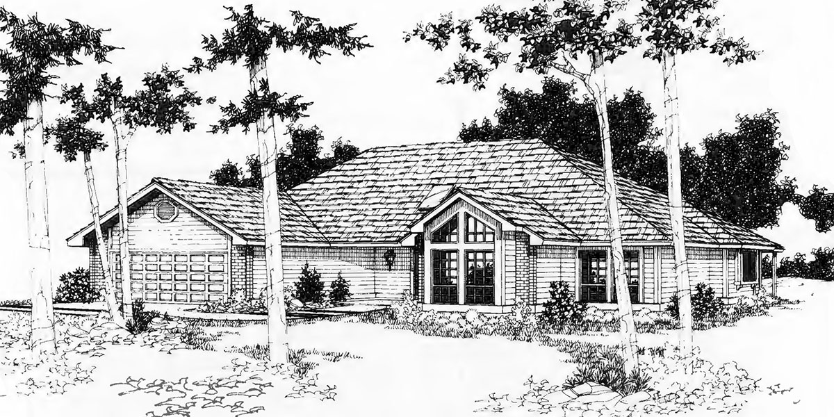 House front color elevation view for 5114 One Level House Plan 3 Bedroom, 2 Bath, 2 Car Garage 55 ft wide