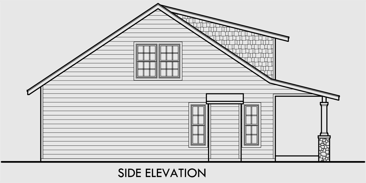 House side elevation view for 10128 Bungalow house plans, 1.5 story house plans, large kitchen island, house plans with front porch,3d house plans, 10128
