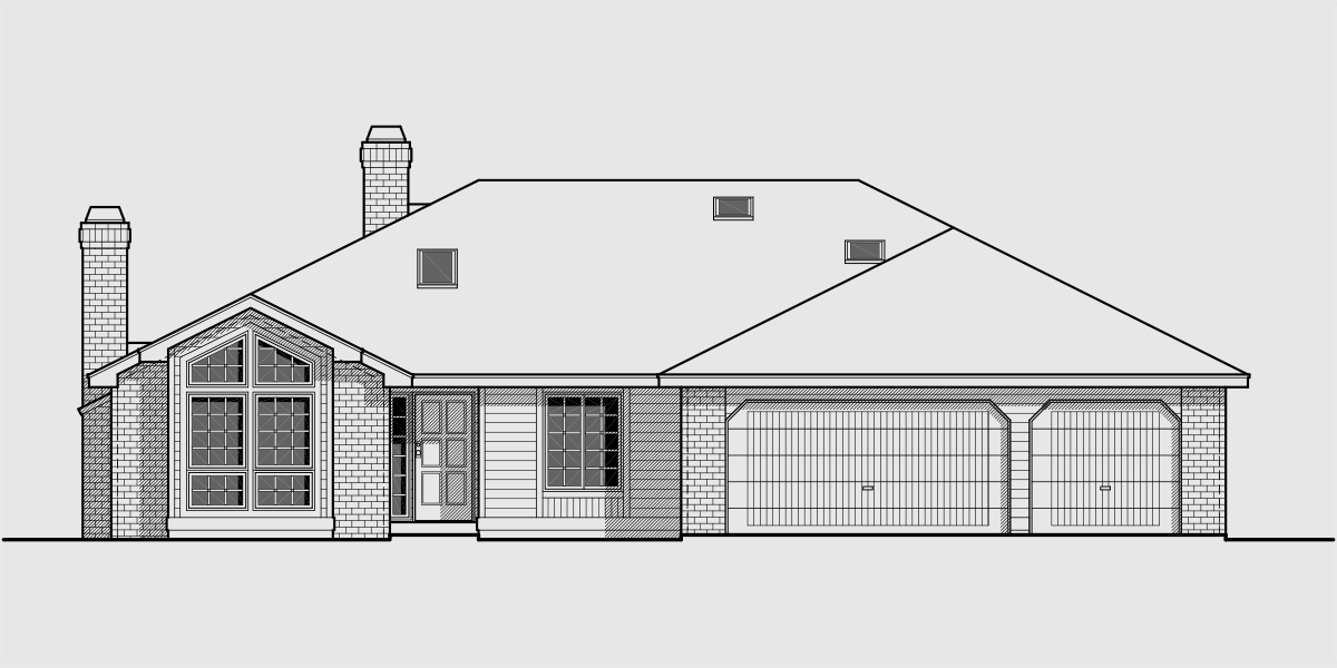 House front drawing elevation view for 9576 one story house plans, single level house plans, 3 bedroom house plans 9576