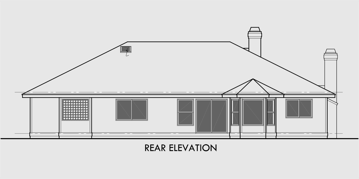 House side elevation view for 9576 one story house plans, single level house plans, 3 bedroom house plans 9576