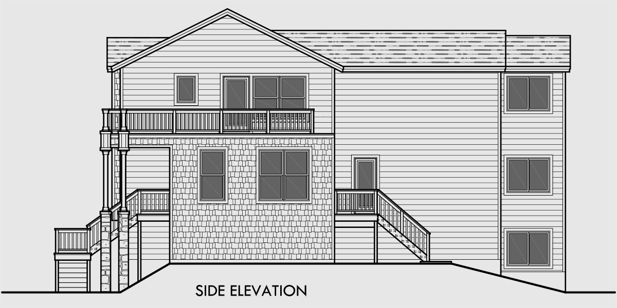 House side elevation view for 10132 Three Level House Plan angled side wall 4 bedrooms bonus room two car garage 4 bathrooms