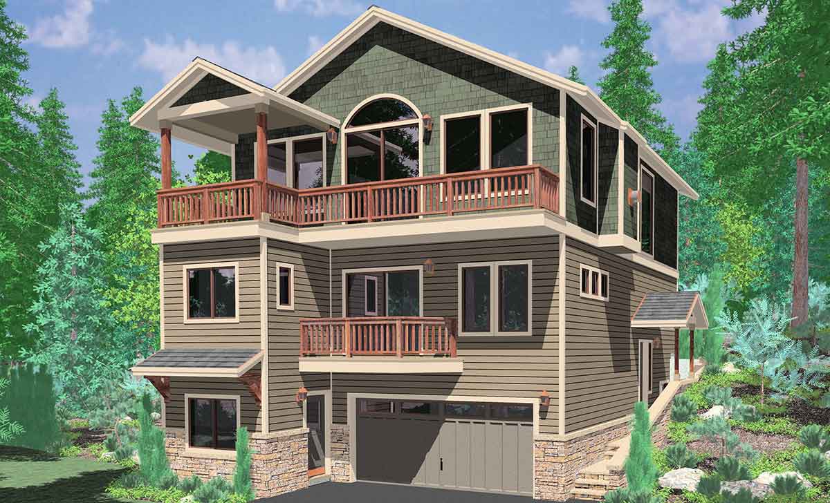 House front color elevation view for 10141 View plan w/ Great rm & Kitchen on Third floor multiple decks