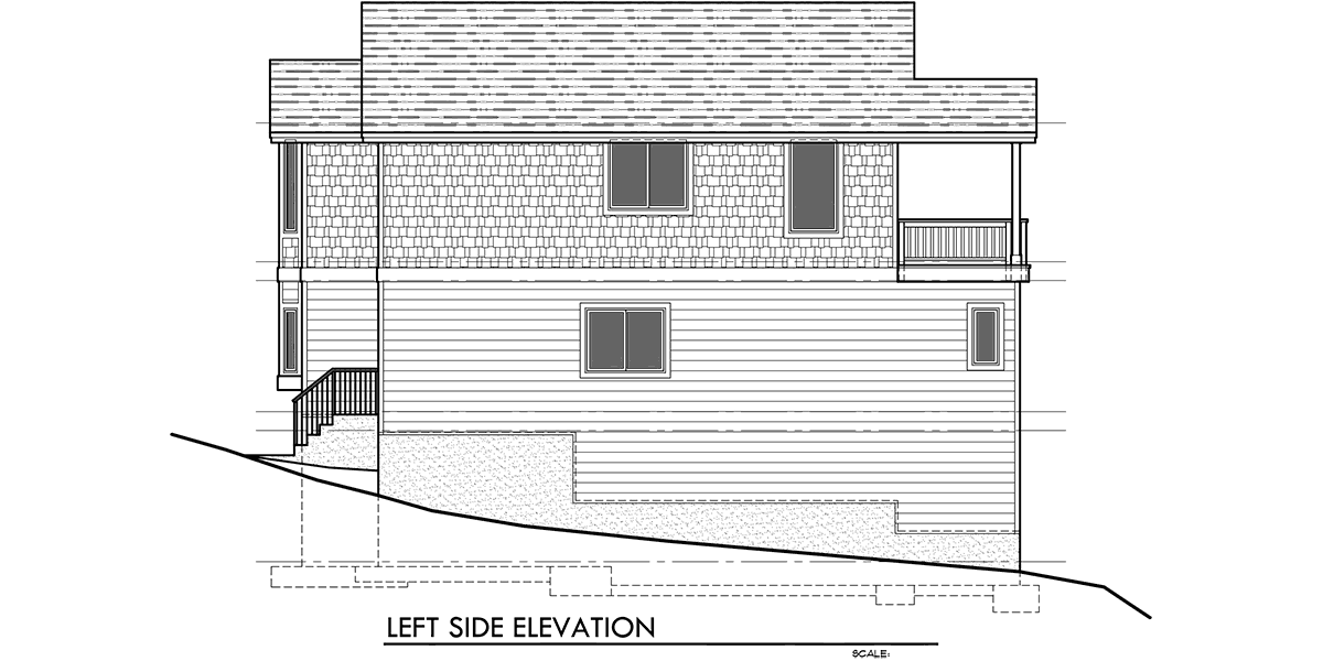 House side elevation view for 10141 View plan w/ Great rm & Kitchen on Third floor multiple decks