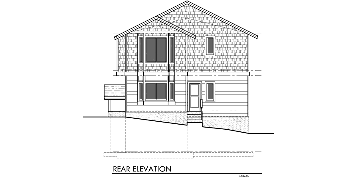 House front drawing elevation view for 10141 View plan w/ Great rm & Kitchen on Third floor multiple decks