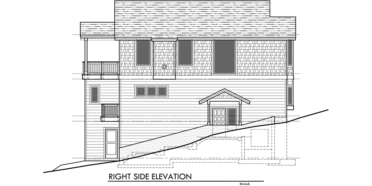House rear elevation view for 10141 View plan w/ Great rm & Kitchen on Third floor multiple decks