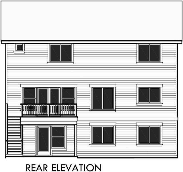 House rear elevation view for 10012 House plans, 2 story house plans, 40 x 40 house plans, walkout basement house plans, 10012