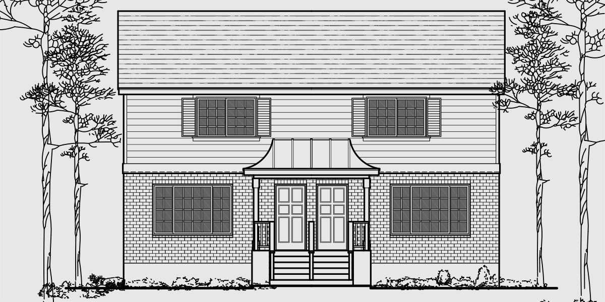 House front drawing elevation view for D-520 Duplex plans with basement, 3 bedroom duplex house plans, small duplex house plans, affordable duplex plans, d-520