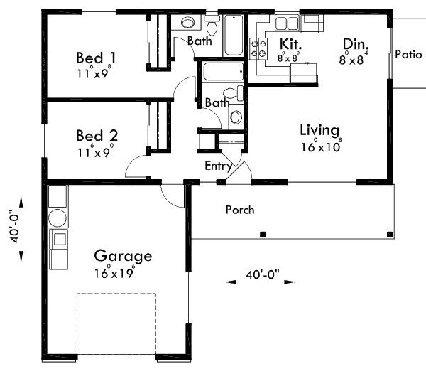 Main Floor Plan for 10140 ADU Small House Plan 2 Bedroom, 2 Bathroom, 1 Car Garage