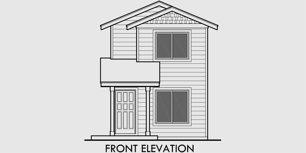 House front color elevation view for 10124 Narrow lot house plans, 2 bedroom house plans, 2 story house plans, small house plans, 1flr, 10124b