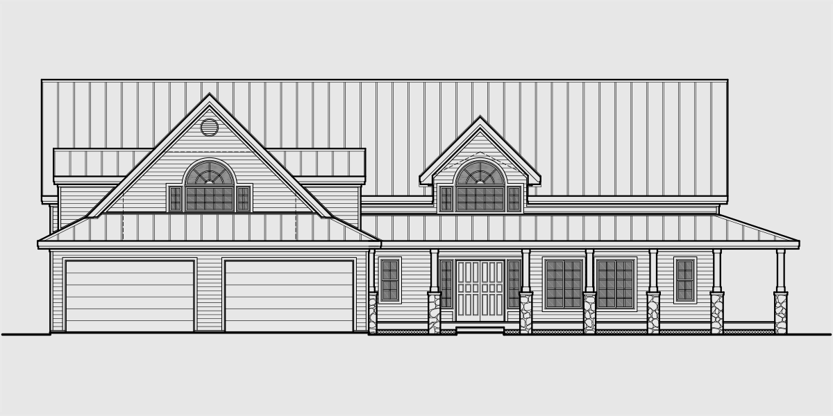 House front color elevation view for 10099 Farmhouse plans, A-frame house plans, country house plans, main floor master bedroom, 10099