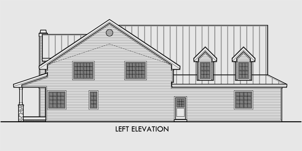 House side elevation view for 10099 Farmhouse plans, A-frame house plans, country house plans, main floor master bedroom, 10099