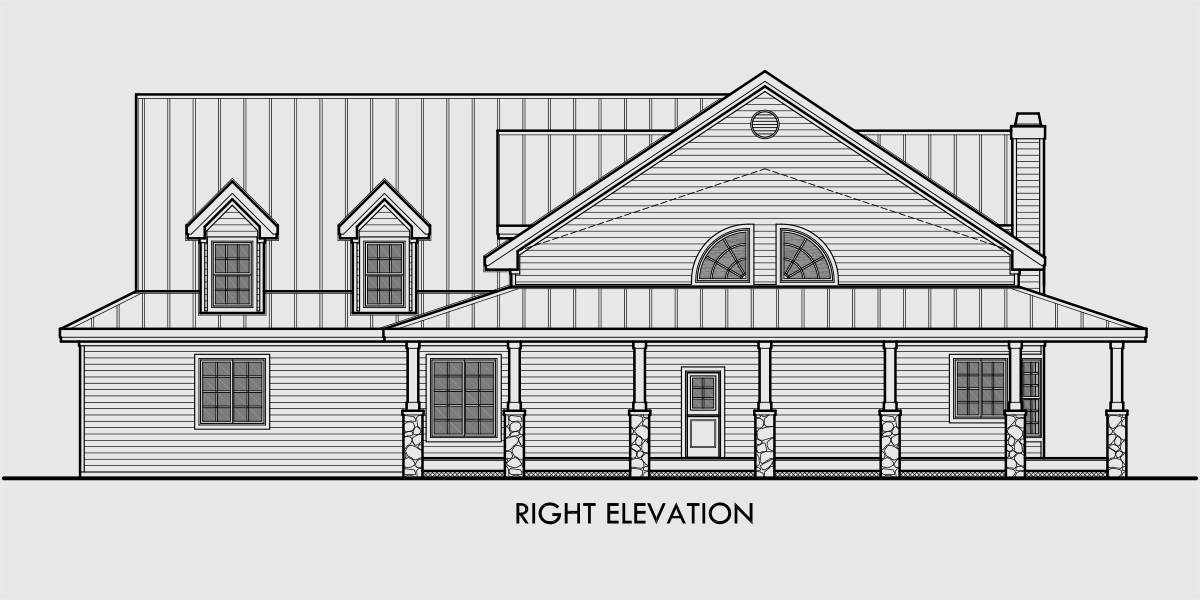 House rear elevation view for 10099 Farmhouse plans, A-frame house plans, country house plans, main floor master bedroom, 10099