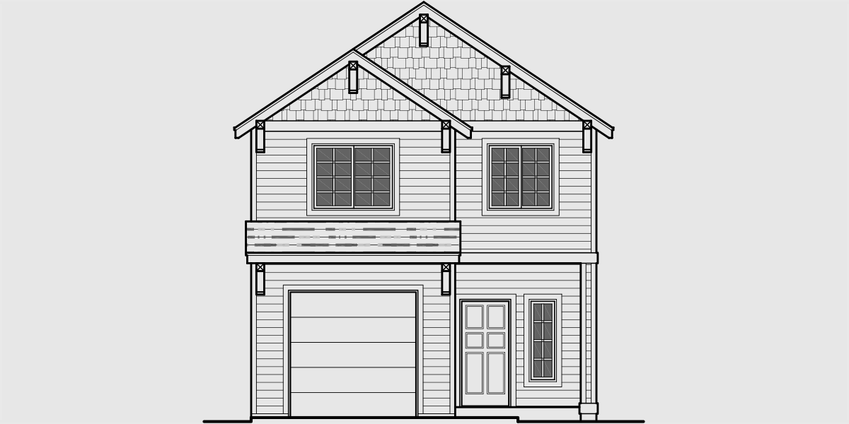 House front color elevation view for 10092 Narrow Lot House Plan, 22 ft wide house plans, 3 bedroom 2.5 bath house plans, 10092
