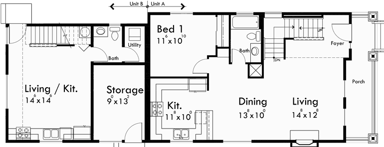 Main Floor Plan for D-571 Duplex house plans, ADU  house plans, back to back house plans, mother in law house plans,  D-571