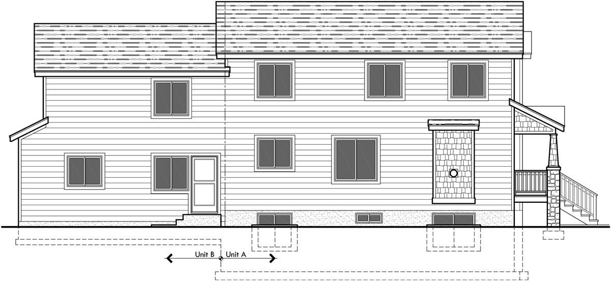 House front drawing elevation view for D-571 duplex house plans, ADU  house plans, back to back house plans, mother in law house plans,  D-571