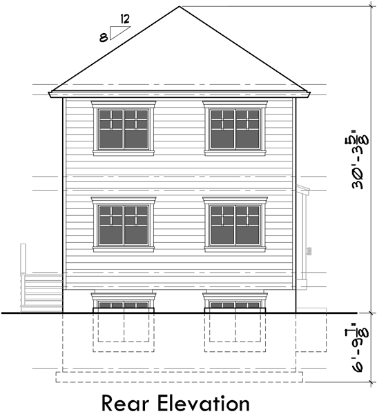 House rear elevation view for D-594 Multigenerational house plans, two master suite house plans, house plans with apartment, ADU house plans, Airbnb rental