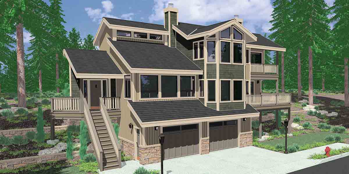 9600 View house plans, sloping lot house plans, multi level house plans, luxury master suite plans, 3d house plans, 9600