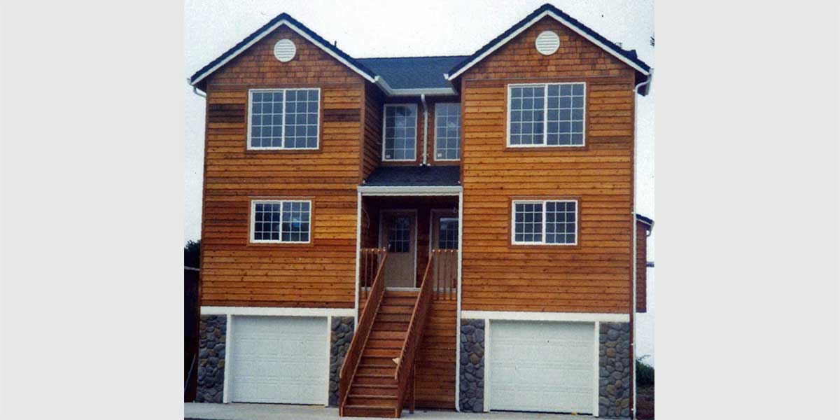 House front color elevation view for D-413 Duplex house plans, vacation house plans, D-413