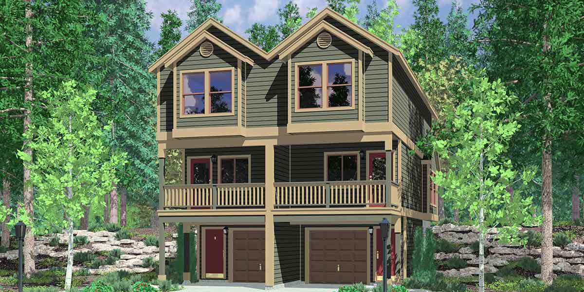 House front color elevation view for D-547 Narrow townhouse plans, duplex house plans, 3 story townhouse plans, D-547