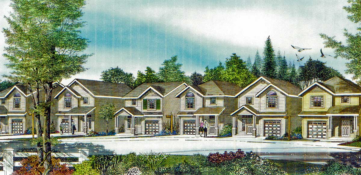 House front color elevation view for 10157 Narrow House Plan at 22 feet wide with open Living area 3 bedroom 2.5 baths 1 car garage gable roofs