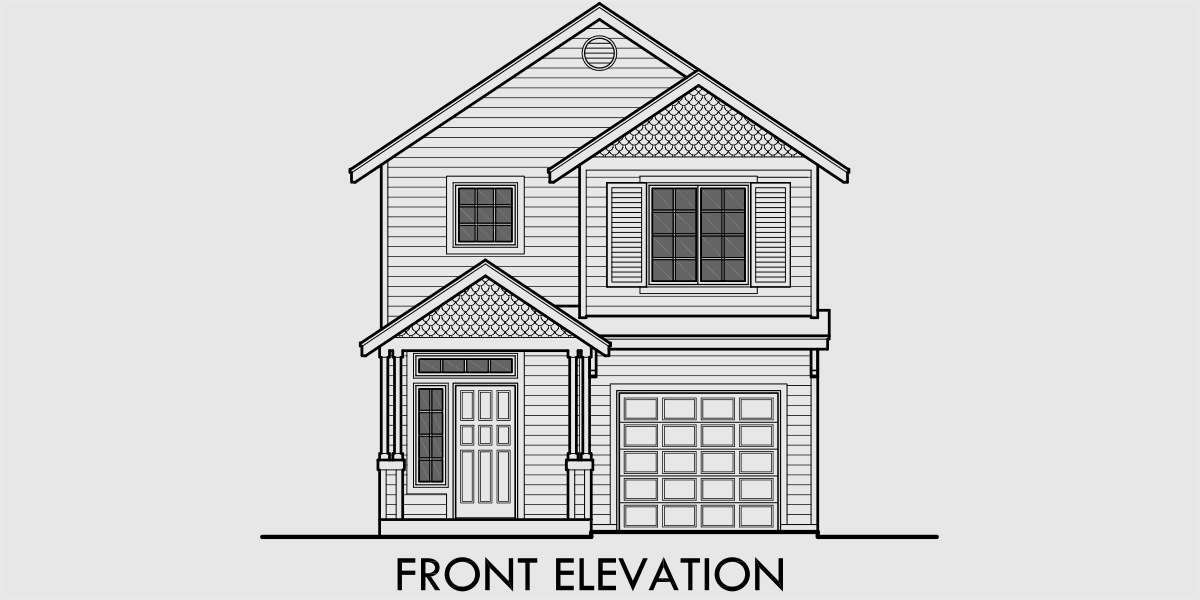 House front drawing elevation view for 10157 Narrow House Plan at 22 feet wide with open Living area 3 bedroom 2.5 baths 1 car garage gable roofs
