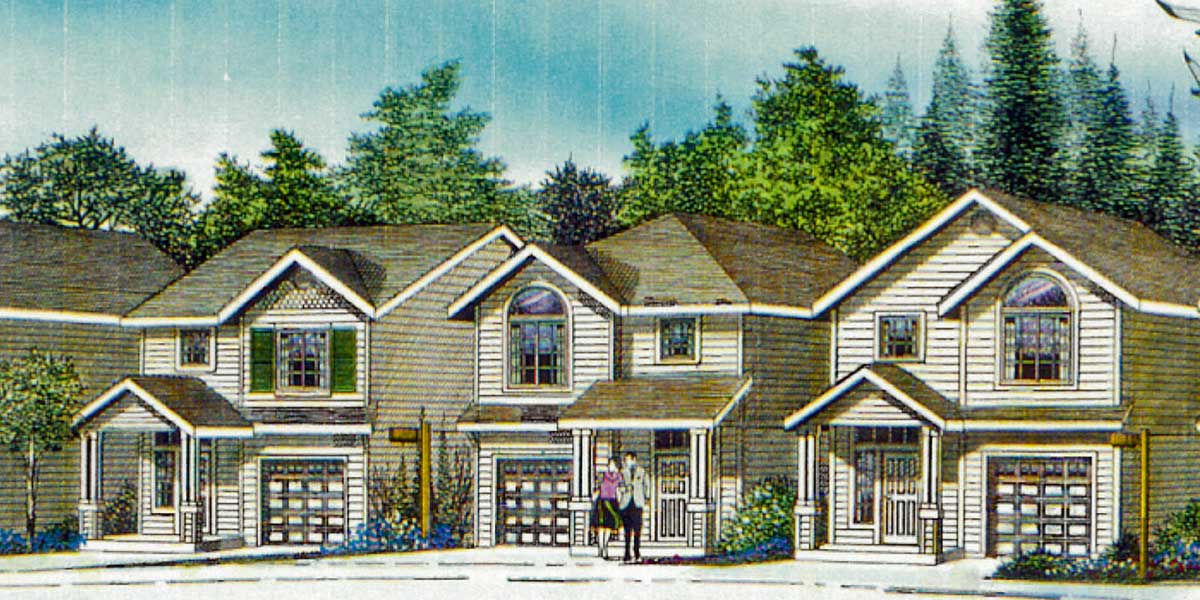 House front color elevation view for 10158 Narrow House Plan at 22 feet wide with open Living area 3 bedroom 2.5 baths 1 car garage hip and gable roofs