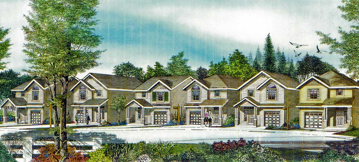 House side elevation view for 10158 Narrow House Plan at 22 feet wide with open Living area 3 bedroom 2.5 baths 1 car garage hip and gable roofs