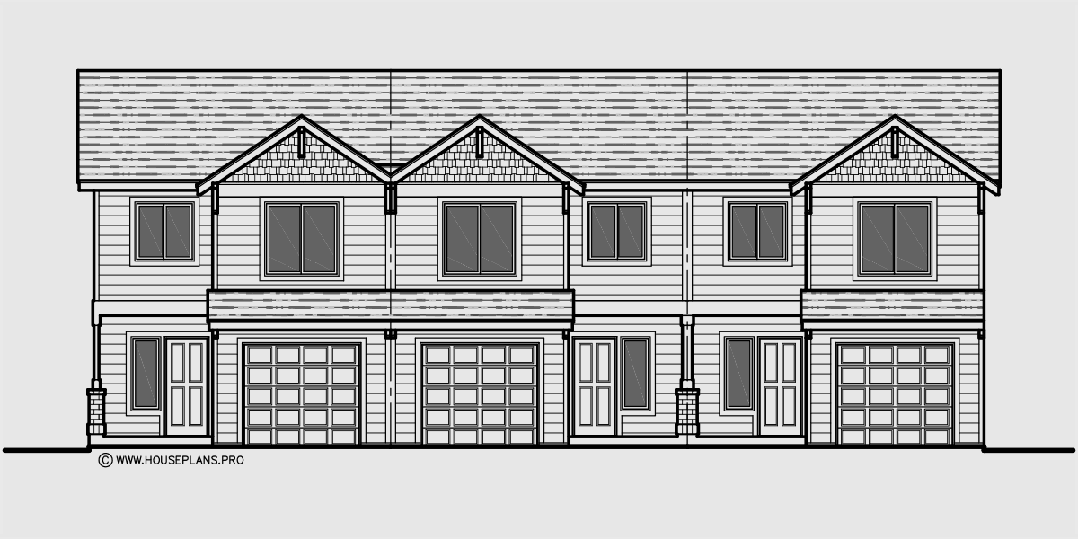 House front drawing elevation view for T-400 Triplex  house plans, triplex plans with garage, 20 ft wide house plans, T-400