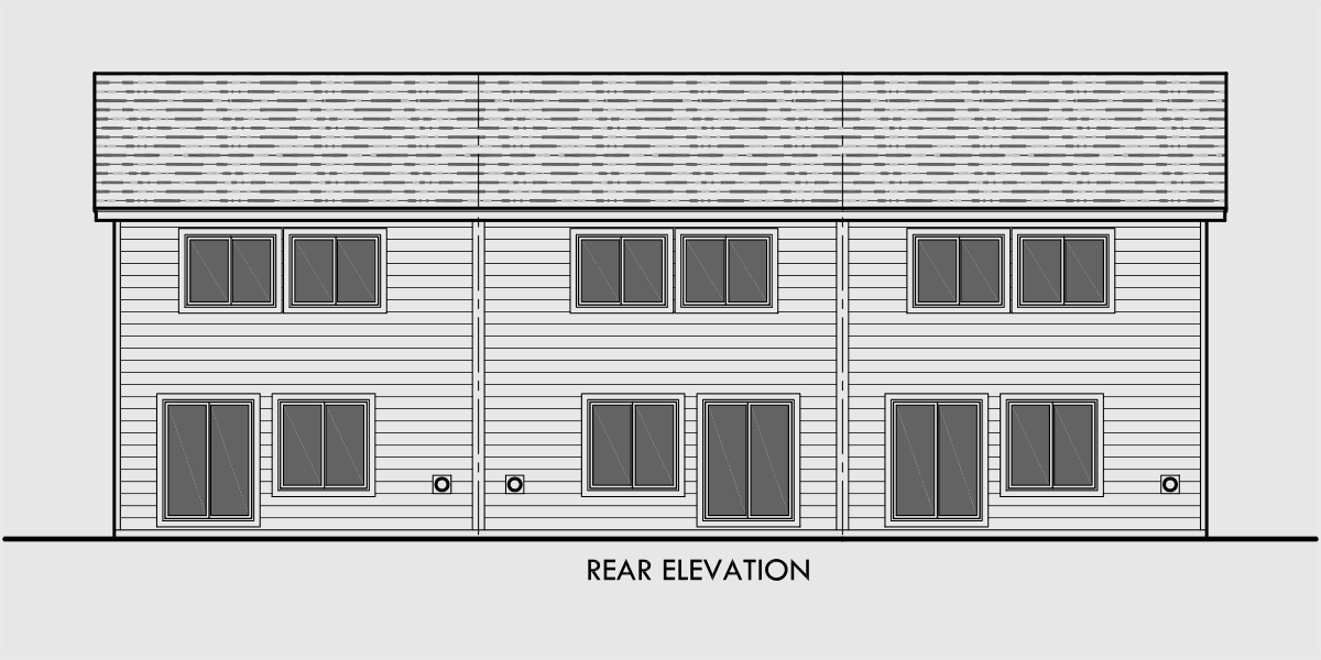 House side elevation view for T-400 Triplex  house plans, triplex plans with garage, 20 ft wide house plans, T-400