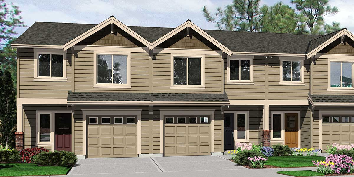 House front color elevation view for T-400 Triplex  house plans, triplex plans with garage, 20 ft wide house plans, T-400