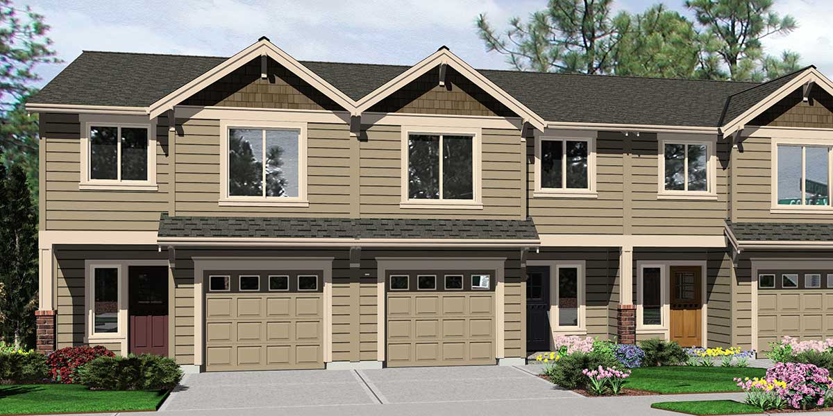 T-400 Triplex  house plans, triplex plans with garage, 20 ft wide house plans, T-400