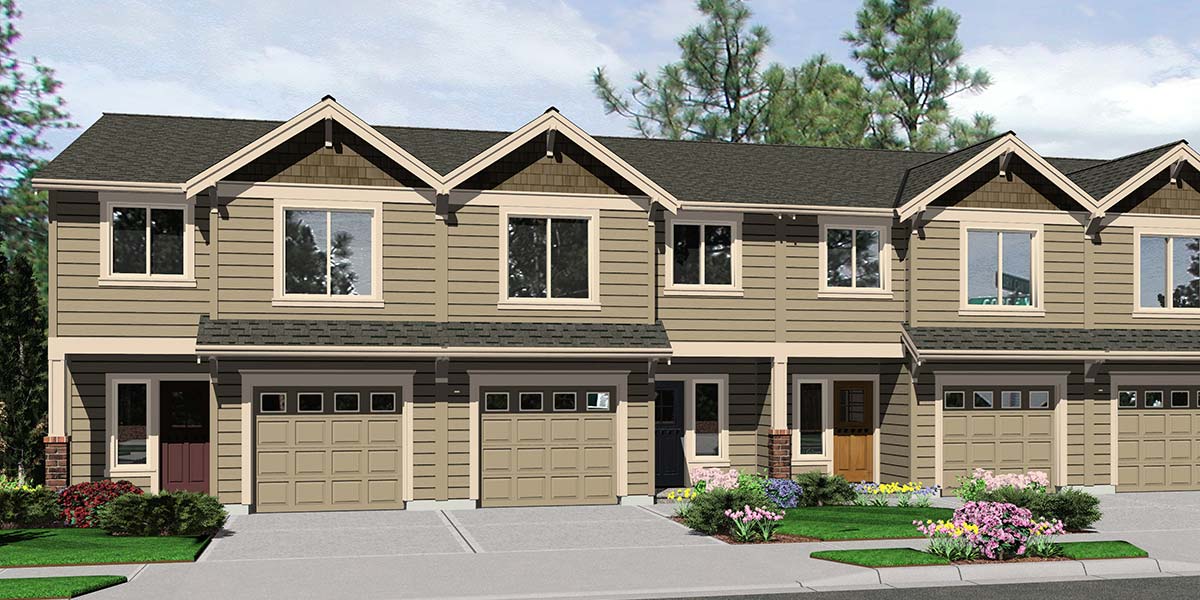House front color elevation view for FV-557 5 unit house plan 20ft wide 3 bedrooms 2.5 baths and garage