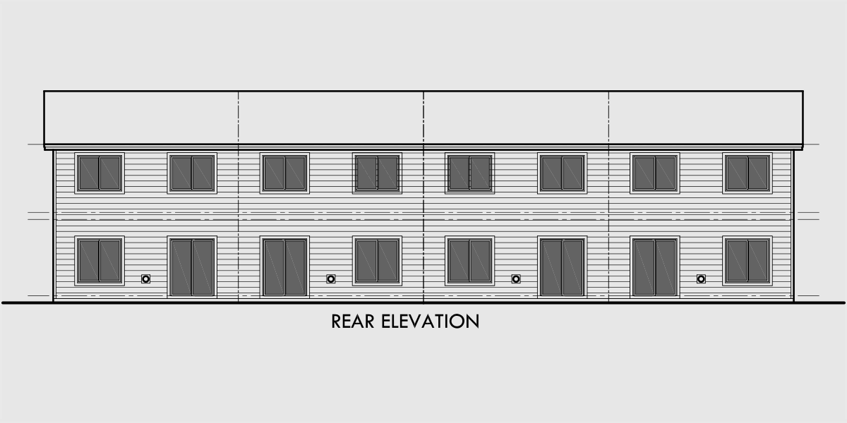 House rear elevation view for F-564 Four plex house plans, best selling floor plans, narrow lot townhouse plans, F-564