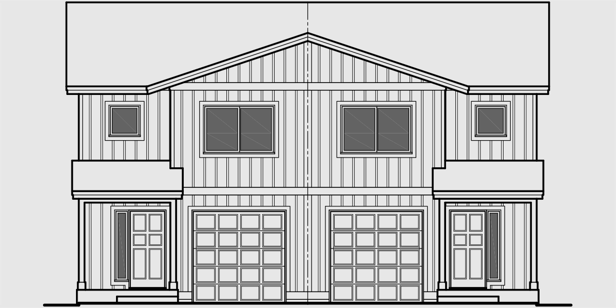 House front drawing elevation view for D-598 Duplex house plans, Seattle house plans, Duplex plans with garage, 3 Bedroom Duplex Plans, D-598