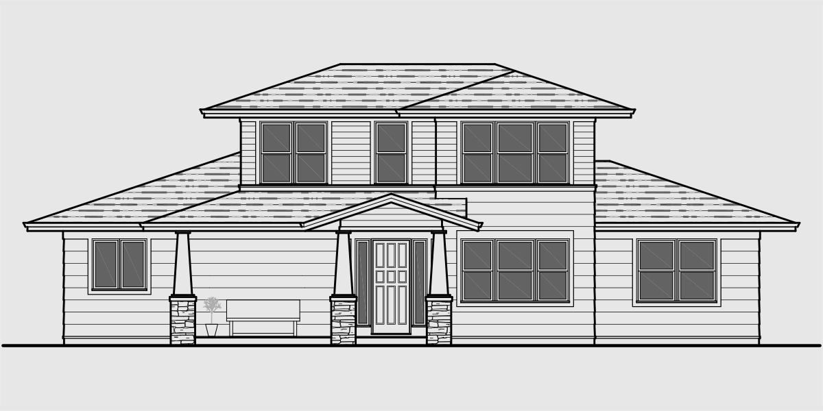 House front drawing elevation view for 10160 Modern Prairie house plans, Hood River house plans, Master bedroom on main floor, 10160