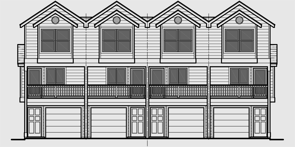 House front color elevation view for F-556 Quadplex plans, narrow lot house plans, row house plans, 4 plex plans, F-556
