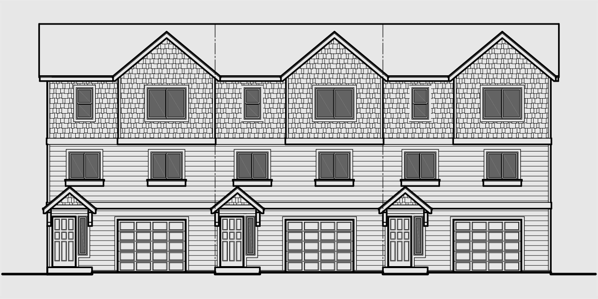 House front drawing elevation view for T-413 Triplex plans, small lot house plans, row house plans, 3 plex plans, triplex house plans with garage, T-413
