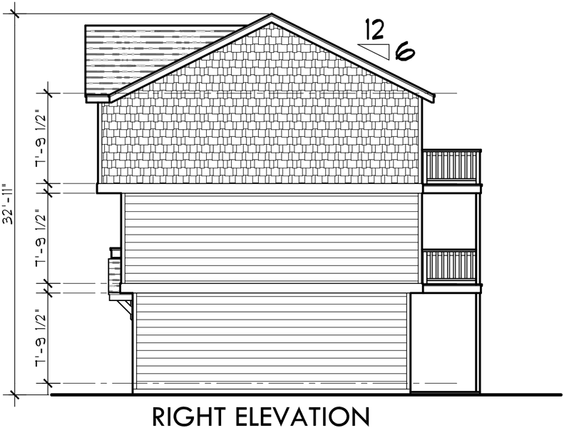 House rear elevation view for T-413 Triplex plans, small lot house plans, row house plans, 3 plex plans, triplex house plans with garage, T-413