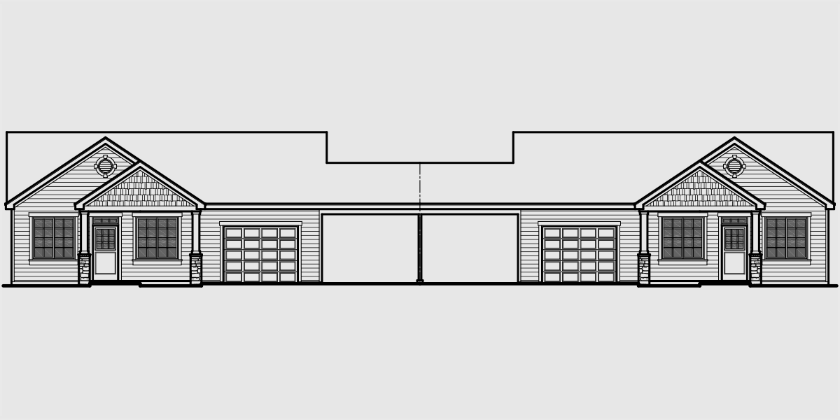 House front drawing elevation view for D-590 Duplex house plans, one story duplex house plans, duplex house plans with garage, 3 bedroom duplex plans, D-590