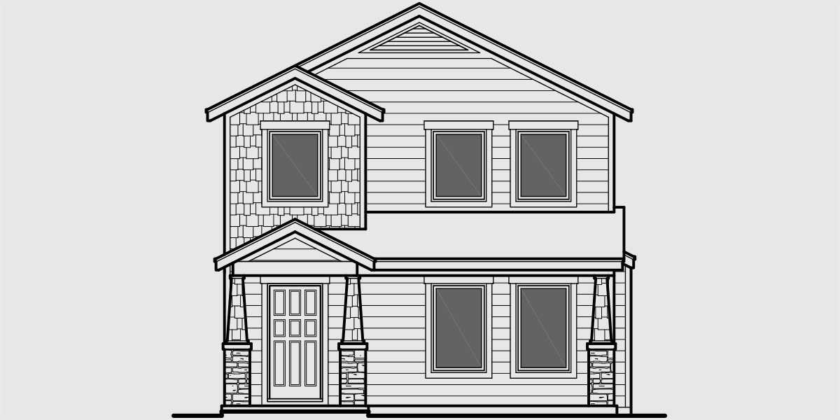 House front color elevation view for D-570 Duplex house plans, ADU floor plans, Accessory Dwelling Units, back to back duplex plans, D-570