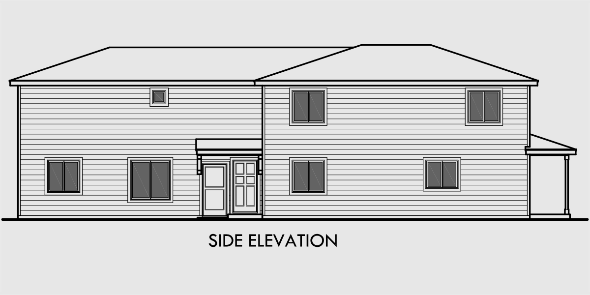 House side elevation view for D-569 Duplex house plans, apartment over garage, ADU floor plans, Accessory Dwelling Units, back to back duplex plans,  D-569