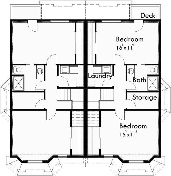 Upper Floor Plan for D-550 Duplex house plans, narrow lot duplex house plans, master on the main duplex plans, 2 story duplex house plans, duplex house plans for Canada, D-550