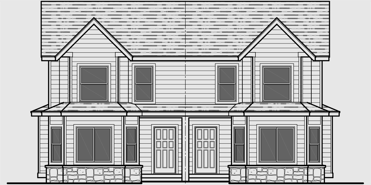 House front drawing elevation view for D-550 Duplex house plans, narrow lot duplex house plans, master on the main duplex plans, 2 story duplex house plans, duplex house plans for Canada, D-550