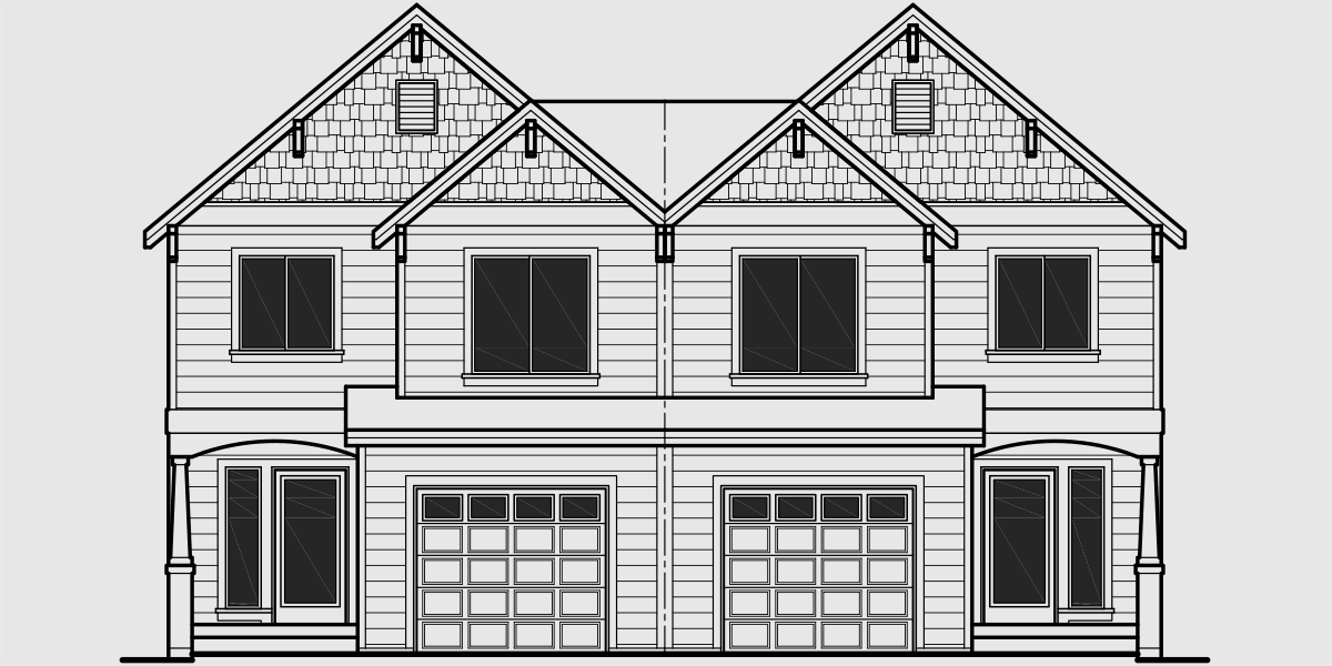 House front color elevation view for D-538 Duplex house plans, duplex home designs, duplex house plans with garage, 3 bedroom duplex house plans, D-538