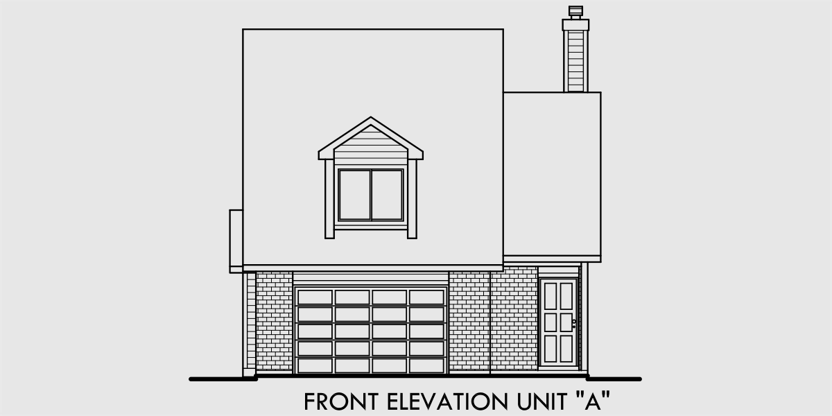 House front color elevation view for D-402 Duplex house plans, back to back duplex house plans, D-402