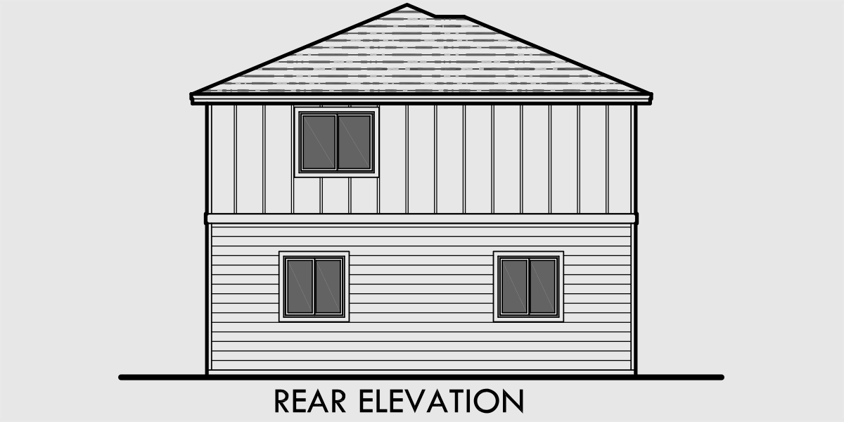 House front drawing elevation view for D-574 Duplex house plans, ADU plans, corner lot house plans, D-574