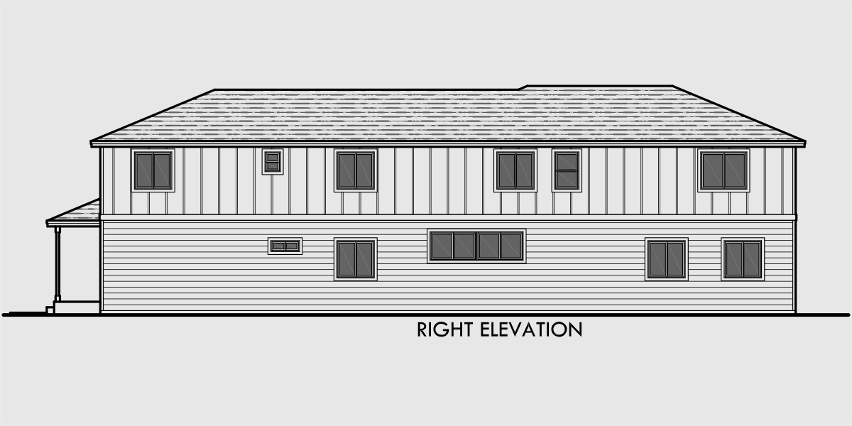 House rear elevation view for D-574 Duplex house plans, ADU plans, corner lot house plans, D-574