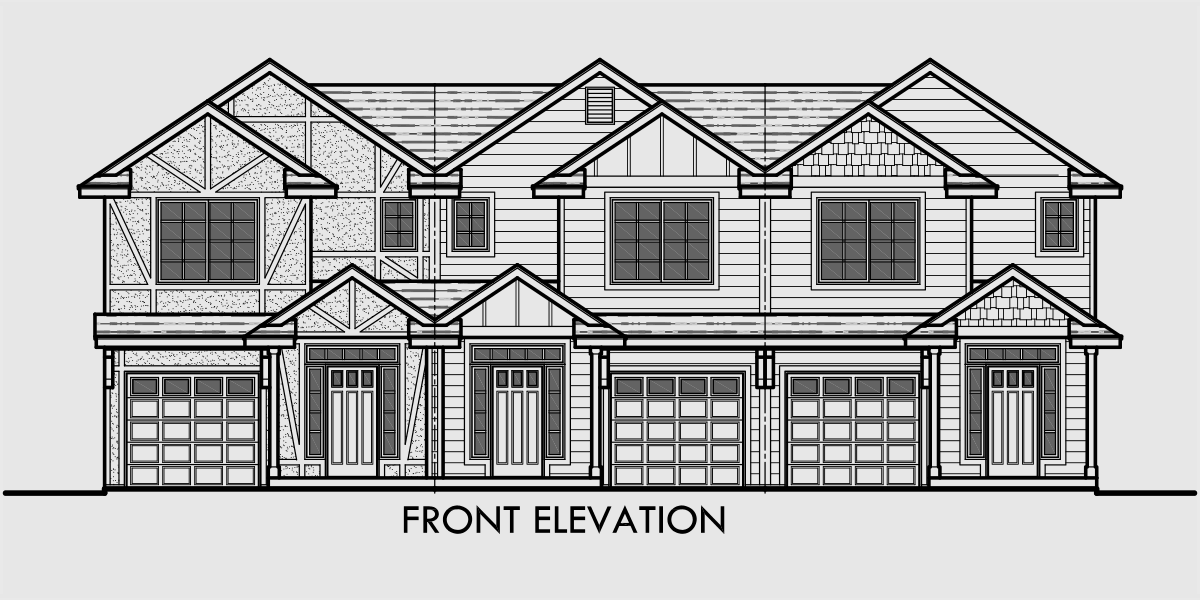 House front color elevation view for T-399 Triplex house plans, 3 unit house plans, multiplex house plans, T-399