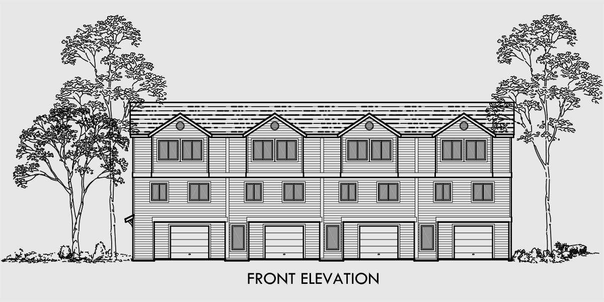 House front color elevation view for F-534 4 plex plans, 3 bedroom fourplex house plans, quadplex plans with garage, 3 story 4 plex house plans, F-534
