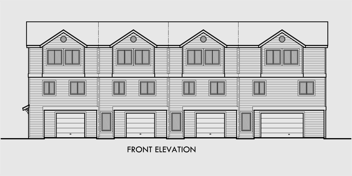 House front color elevation view for F-537 4 plex plans, fourplex with owners unit, quadplex plans with garage, 3 bedroom 4 plex house plans, F-537